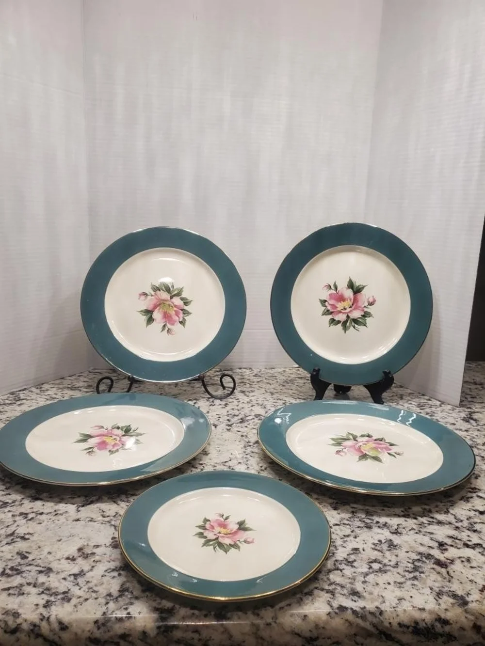 Teal Rim Floral Porcelain Dinner Plates - Set of 5